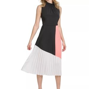 Karl Lagerfeld Colorblocked Mock-Neck Pleated Midi Dress
